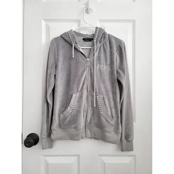 BCBG MaxAzria Velour Gray Zip Up Studded Hoodie Y2K Size MEDIUM - Picture 2 of 8